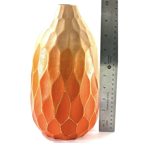 Hand Carved Wooden Decorative Vase Faceted Orange & Natural Wood Thailand 10” - Picture 4 of 7